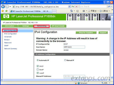 在“HP LaserJet Professional P1606dn ”窗口中，点击“Networking（网络）”选项卡，选择：IPv4 Configuration